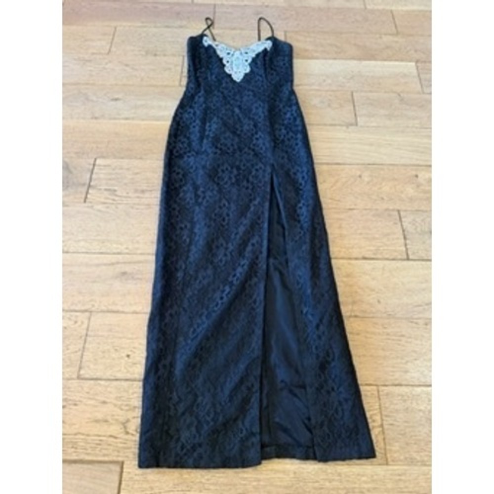 VNTG‎ L.A. GLO Lace Maxi Dress 9/10 Black Excellent Sequin Applique Slit (1757)